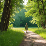 A person mindfully walking in nature, focusing on the sensory details like the wind on their skin, the scent of trees, and the sounds of birds. The scene should emphasize slowing down and appreciating the small things.  Suggest calm, peaceful colors like greens, browns, and soft blues.