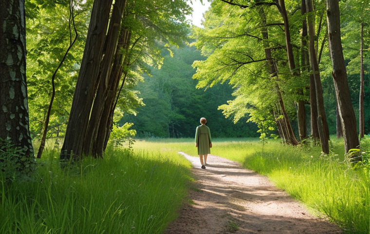 A person mindfully walking in nature, focusing on the sensory details like the wind on their skin, the scent of trees, and the sounds of birds. The scene should emphasize slowing down and appreciating the small things. Suggest calm, peaceful colors like greens, browns, and soft blues.